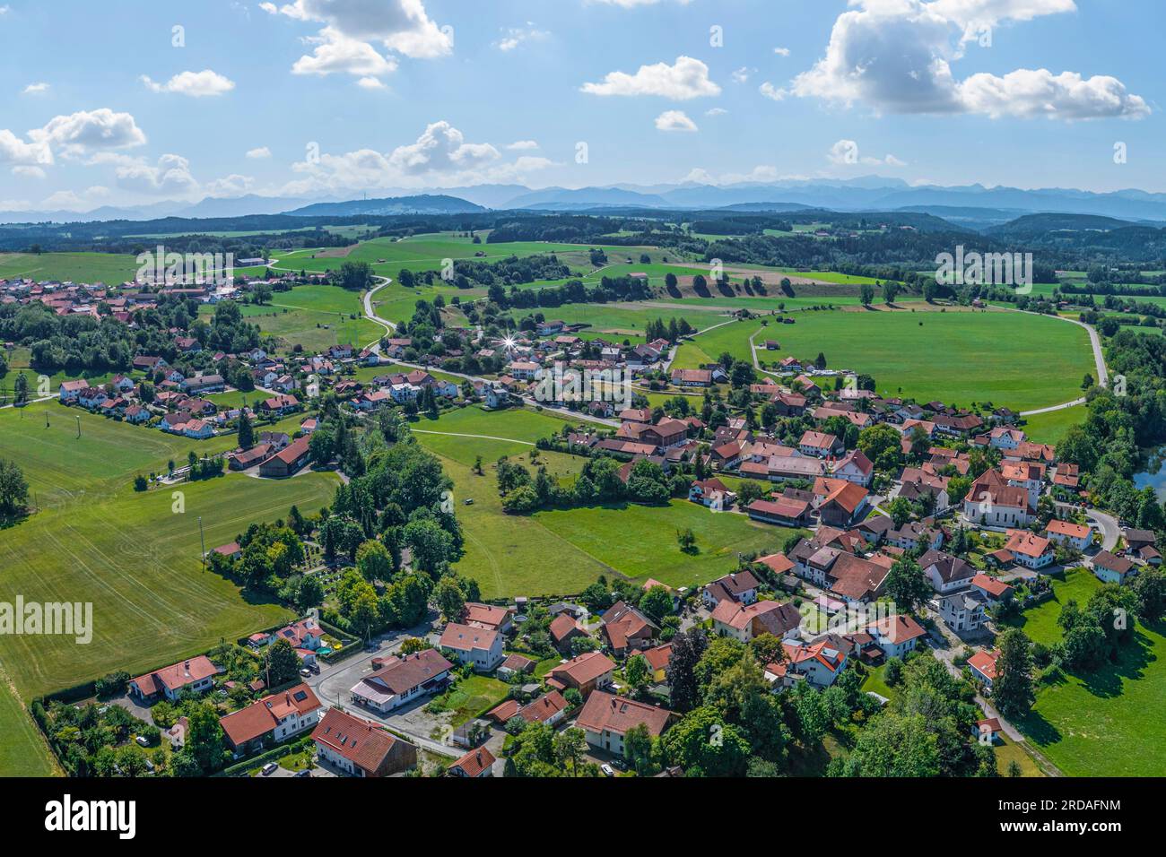 Aerial view to the imprssive Lech valley around the little village Apfeldorf in Bavaria Stock Photo