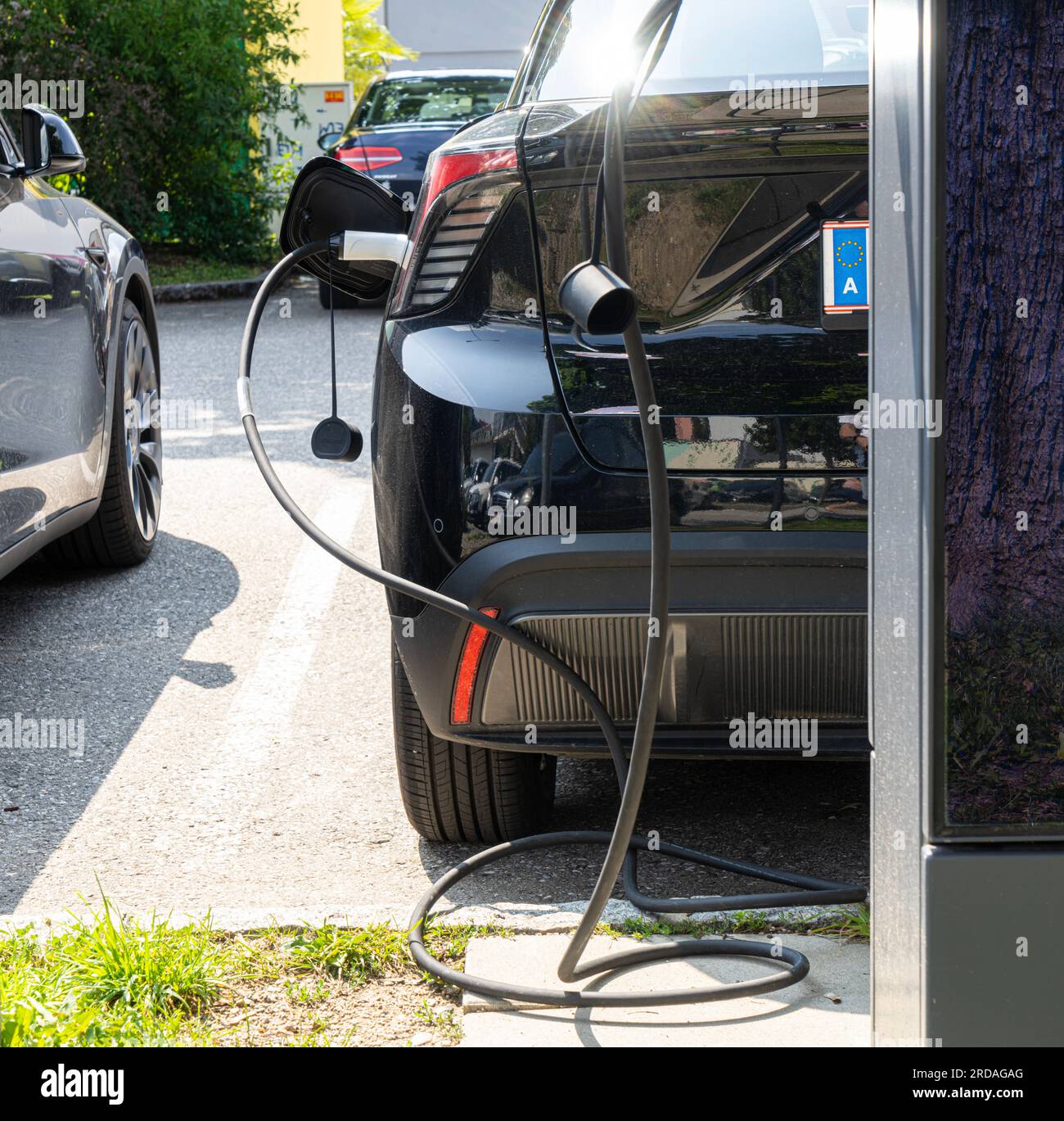 Villach, Austria. July 18 2023. electric vehicle charging station in a