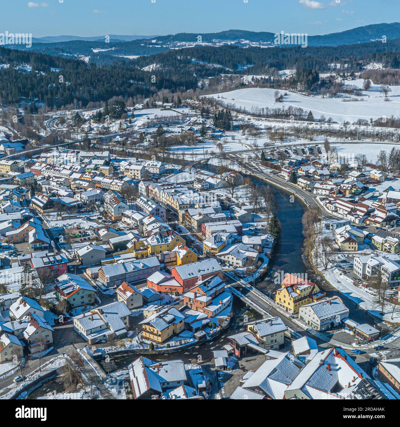 Aerial view to Zwiesel on the Regen, known as the glassblowing town in the Bavarian Forest Stock Photo