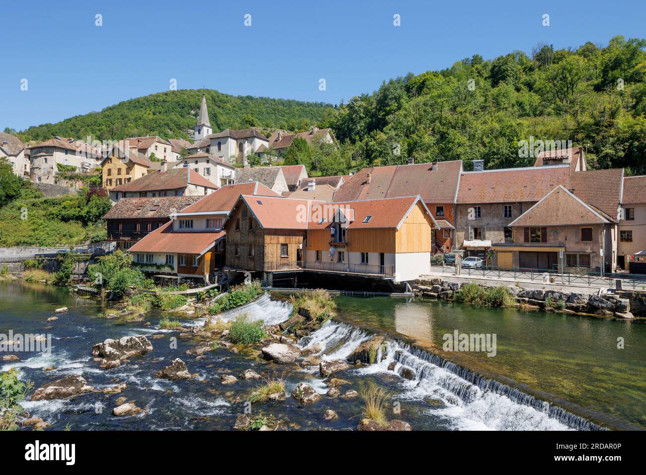 Loue River flowing through Lods Besancon Doubs Bourgogne-Franche-Comte France Stock Photo