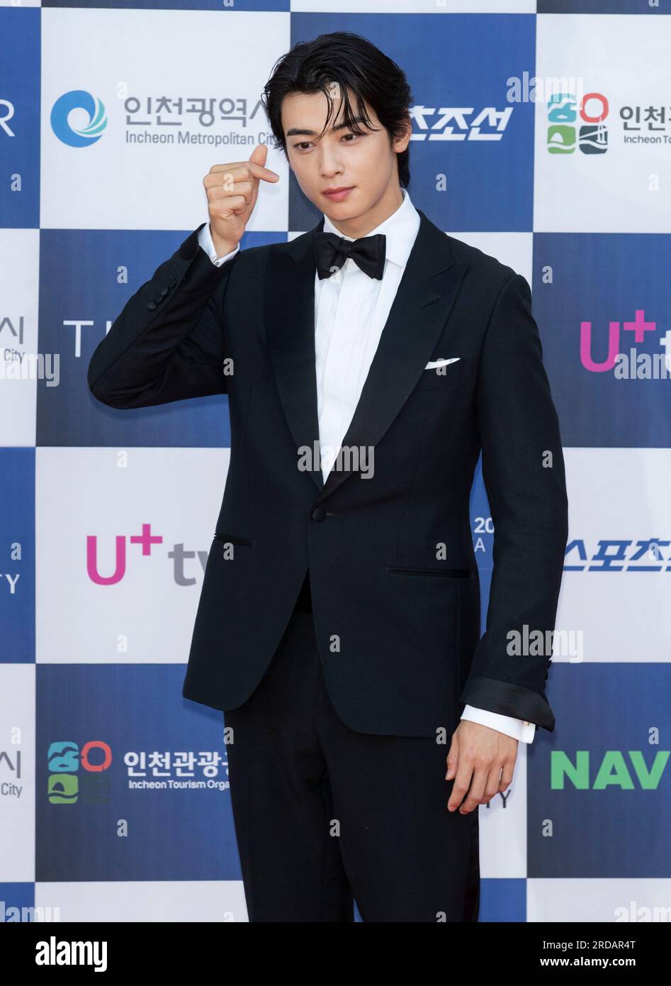 Incheon, South Korea. 19th July, 2023. South Korean actor and vocal Cha Eun- woo, member of K-Pop boy band Astro, arrived red carpet during a '2nd Blue  Dragon Series Awards' at Paradise City