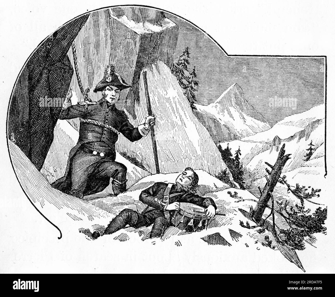 Engraving of a soldier coming to the rescue of a drummer boy at the base of a cliff, circa 1880 Stock Photo