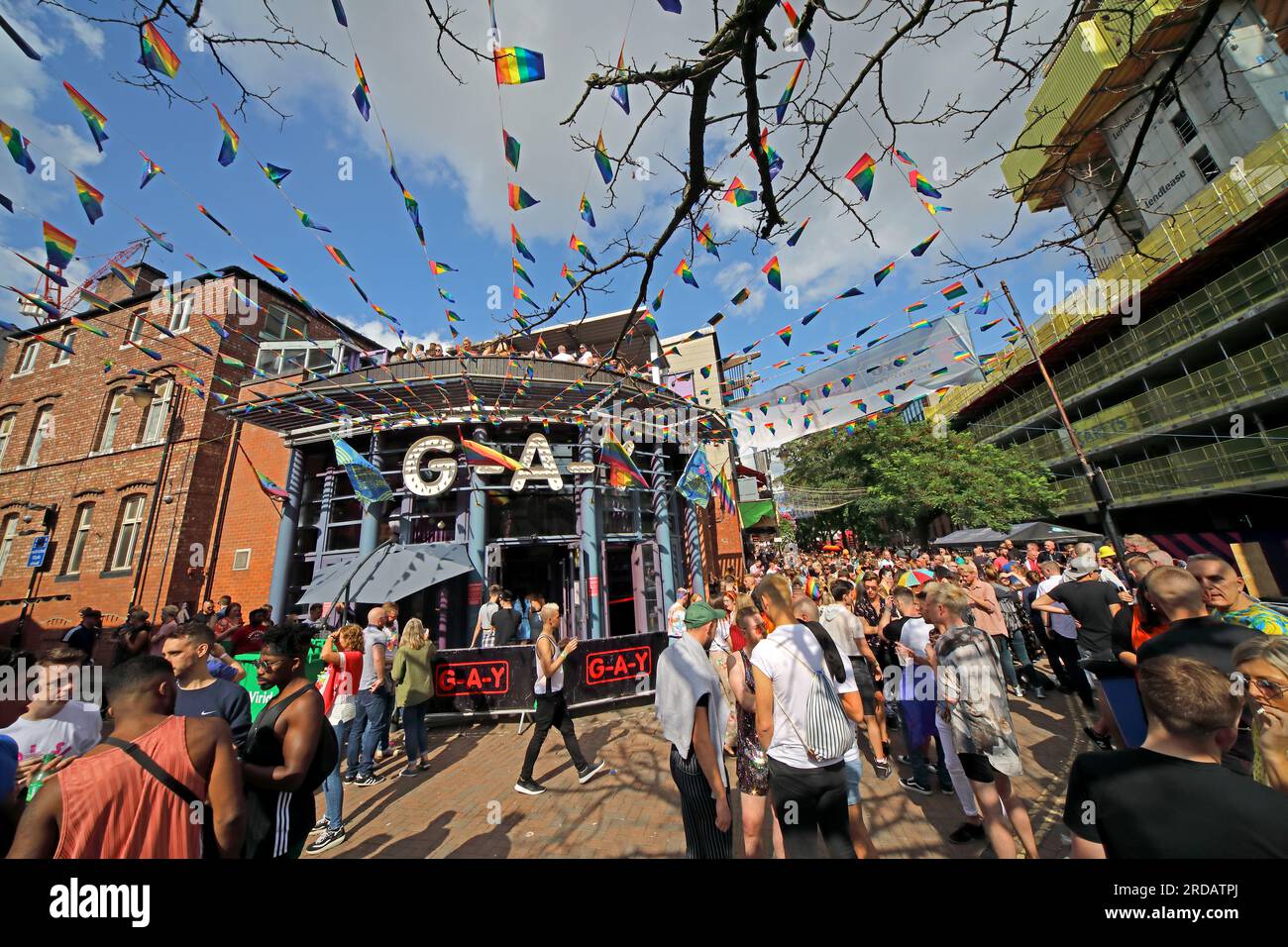 The Gay Bar enjoying Manchester Pride Festival, August bank holiday at the Gay Village, Canal St, Manchester, England, UK, M1 6JB Stock Photo