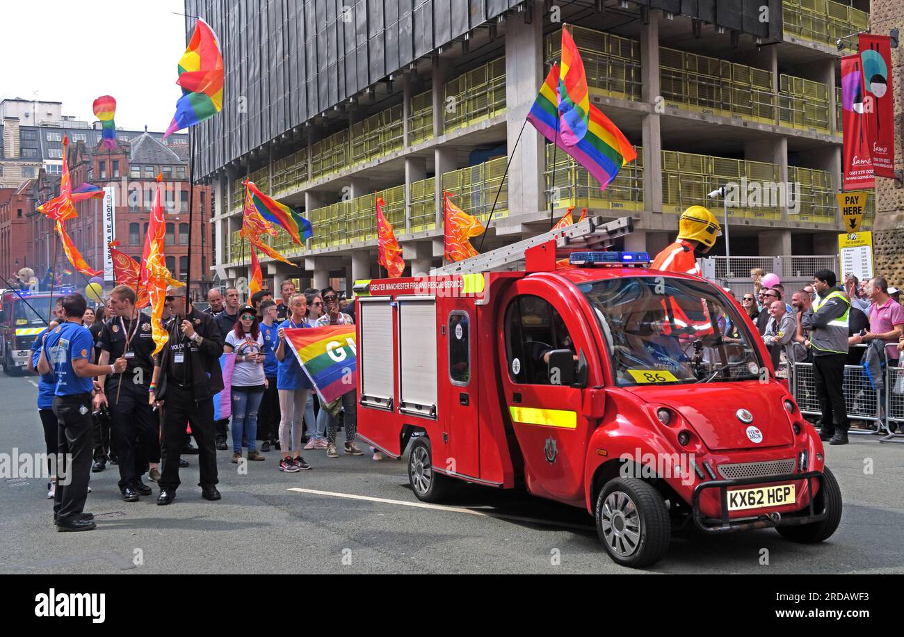 GM Fire and Rescue at Manchester Pride Festival parade, 36 Whitworth Street, Manchester,England,UK, M1 3NR Stock Photo