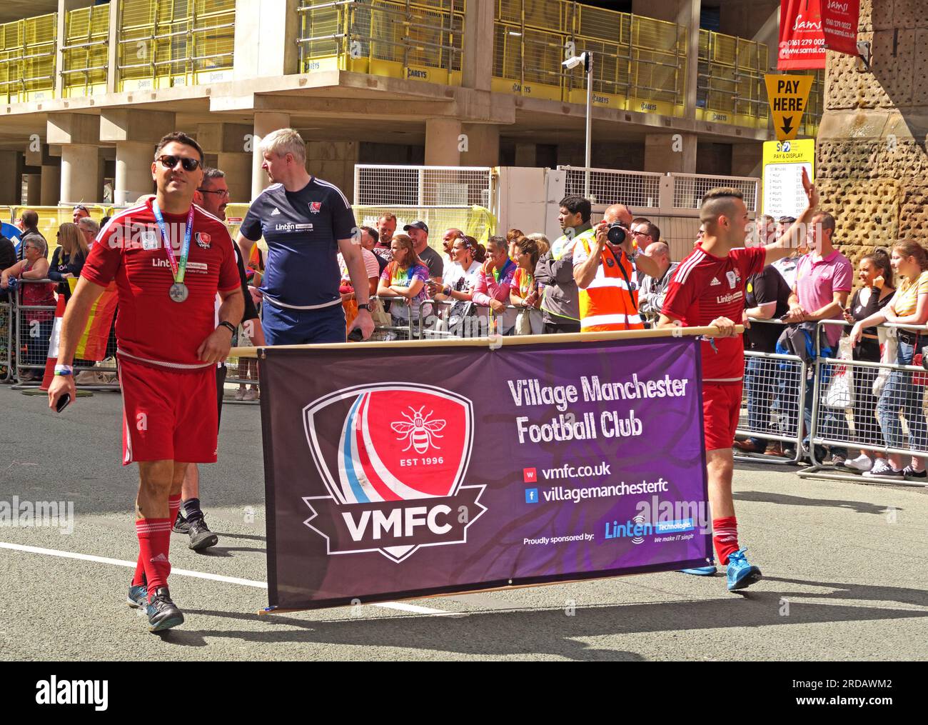 VMFC Village Manchester Football Club at Manchester Pride Festival parade, 36 Whitworth Street, Manchester,England,UK, M1 3NR Stock Photo