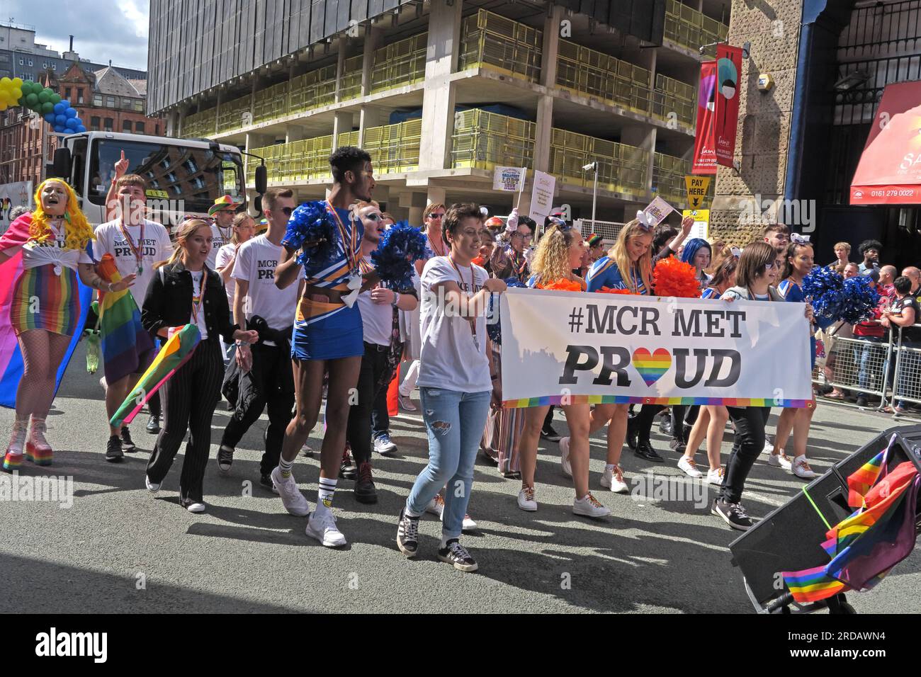 MCR Met university at Manchester Pride Festival parade, 36 Whitworth Street, Manchester,England,UK, M1 3NR Stock Photo