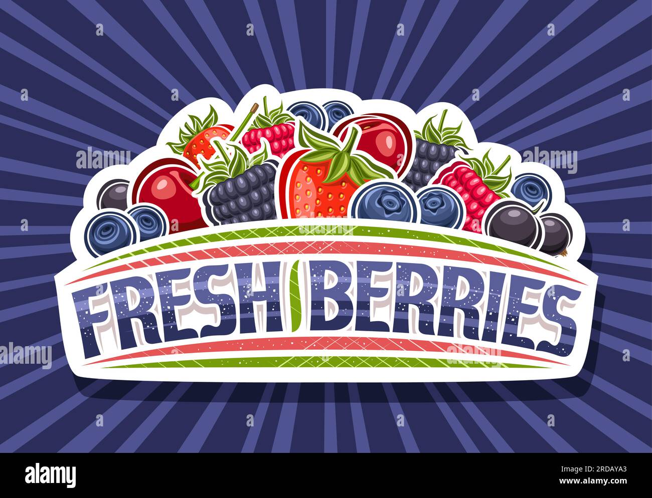 Vector logo for Fresh Berries, white decorative sign board with illustration of many assorted red wild forest berry and unique brush lettering for tex Stock Vector