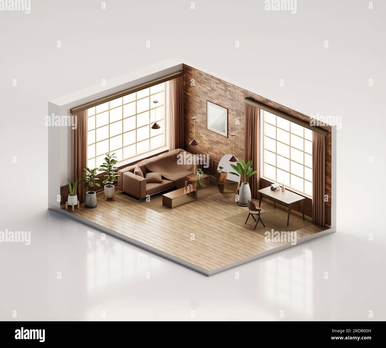 Isometric view living room muji style open inside interior architecture ...