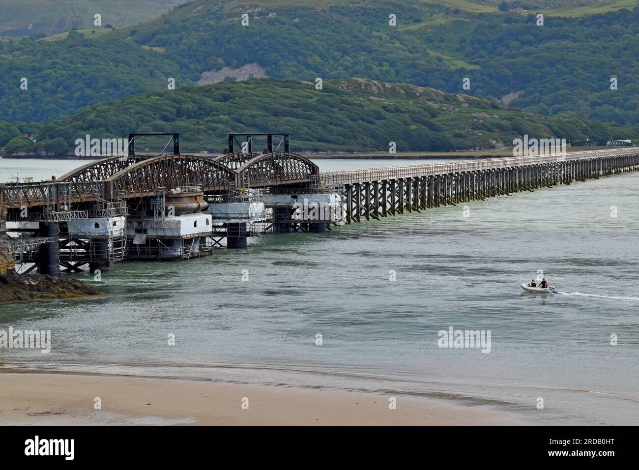 Barmouth bridge under repair with scaffolding, the historic bridge will