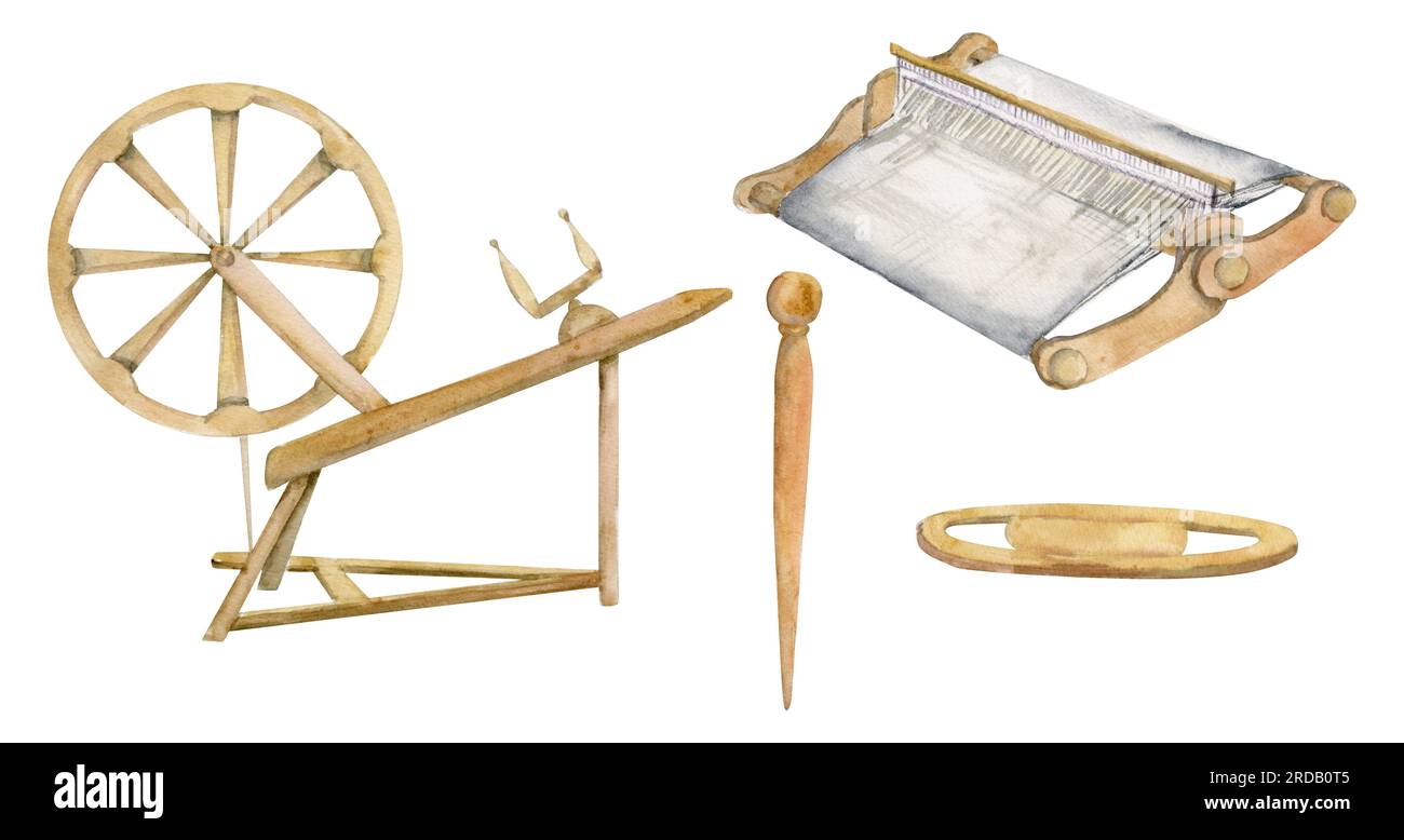 Hand drawn watercolor thread weaving loom, spinning wheel equipment for