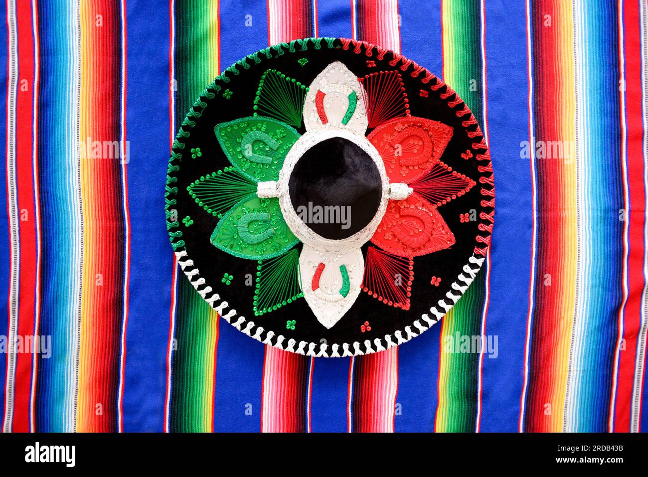 Mexican charro hat on serape. Typical mexican hat with the colors of