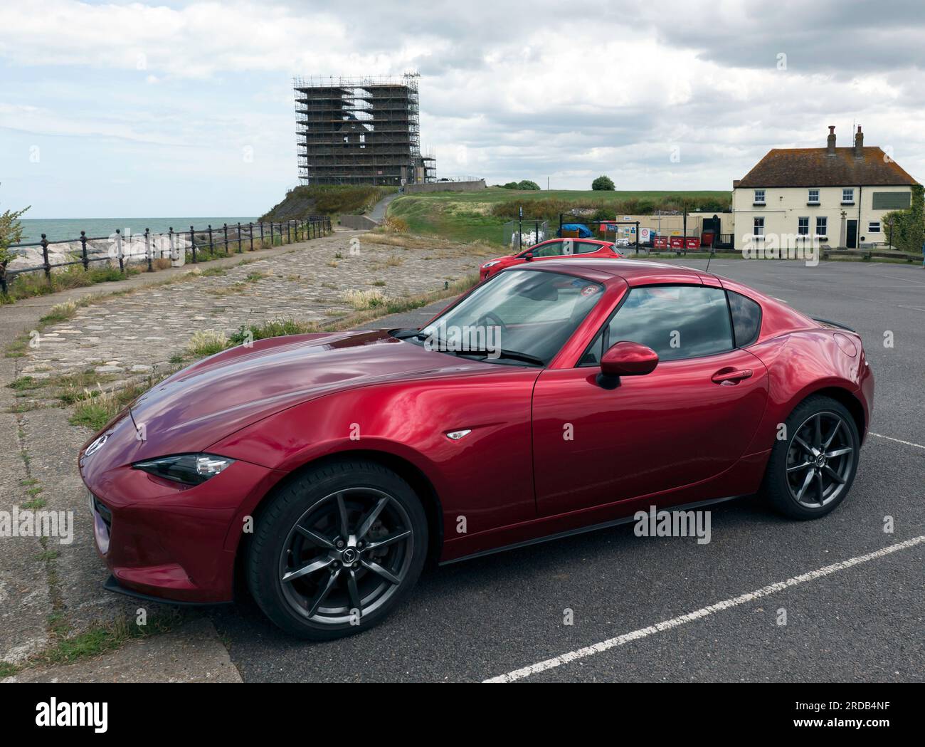 A Soul Crystal Red Mazda MX-5 RF GT Sports Nav+  parked in the Reculver Country Park, Car Park, Thanet, Kent Stock Photo