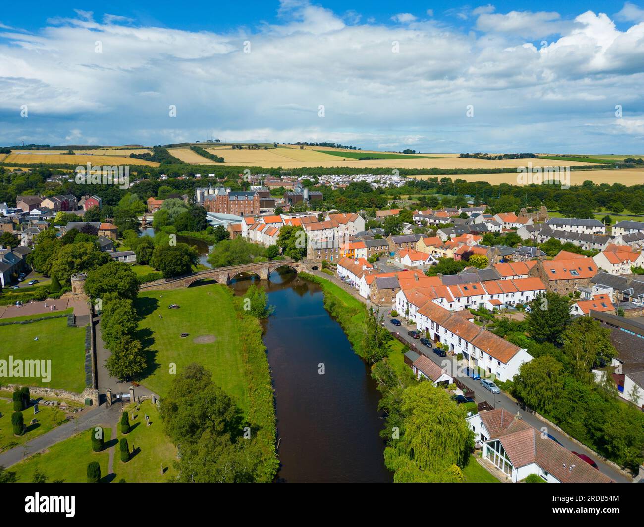 Aerial view of Haddington town and Nungate Bridge at Waterside on the River Tyne in East Lothian
