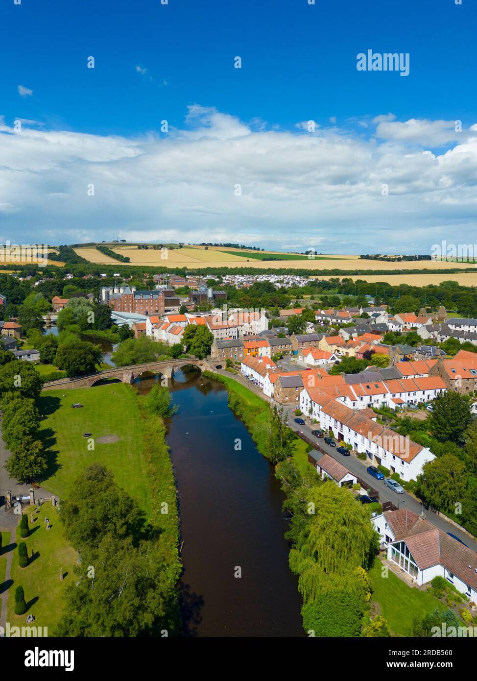 Aerial view of Haddington town and Nungate Bridge at Waterside on the River Tyne in East Lothian, Scotland, UK Stock Photo