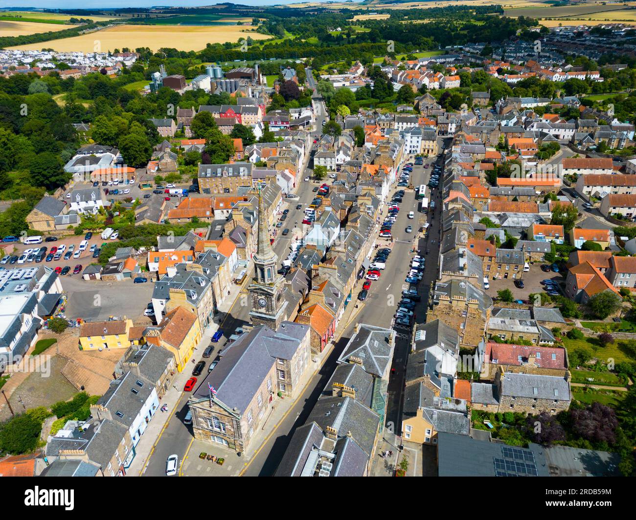 Aerial view of High Street and Market Street in Haddington town in East