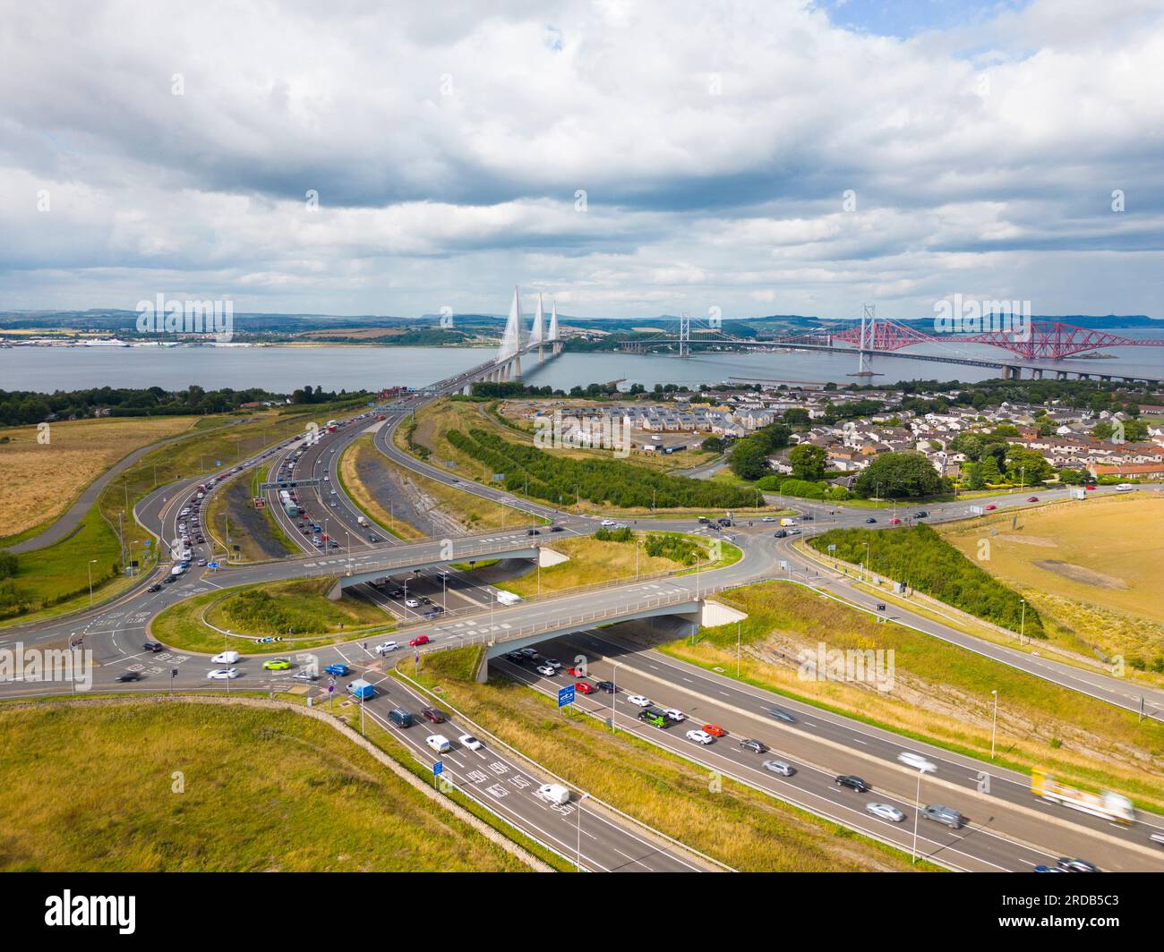Aerial view of interchange at M90 Motorway at Queensferry Crossing at