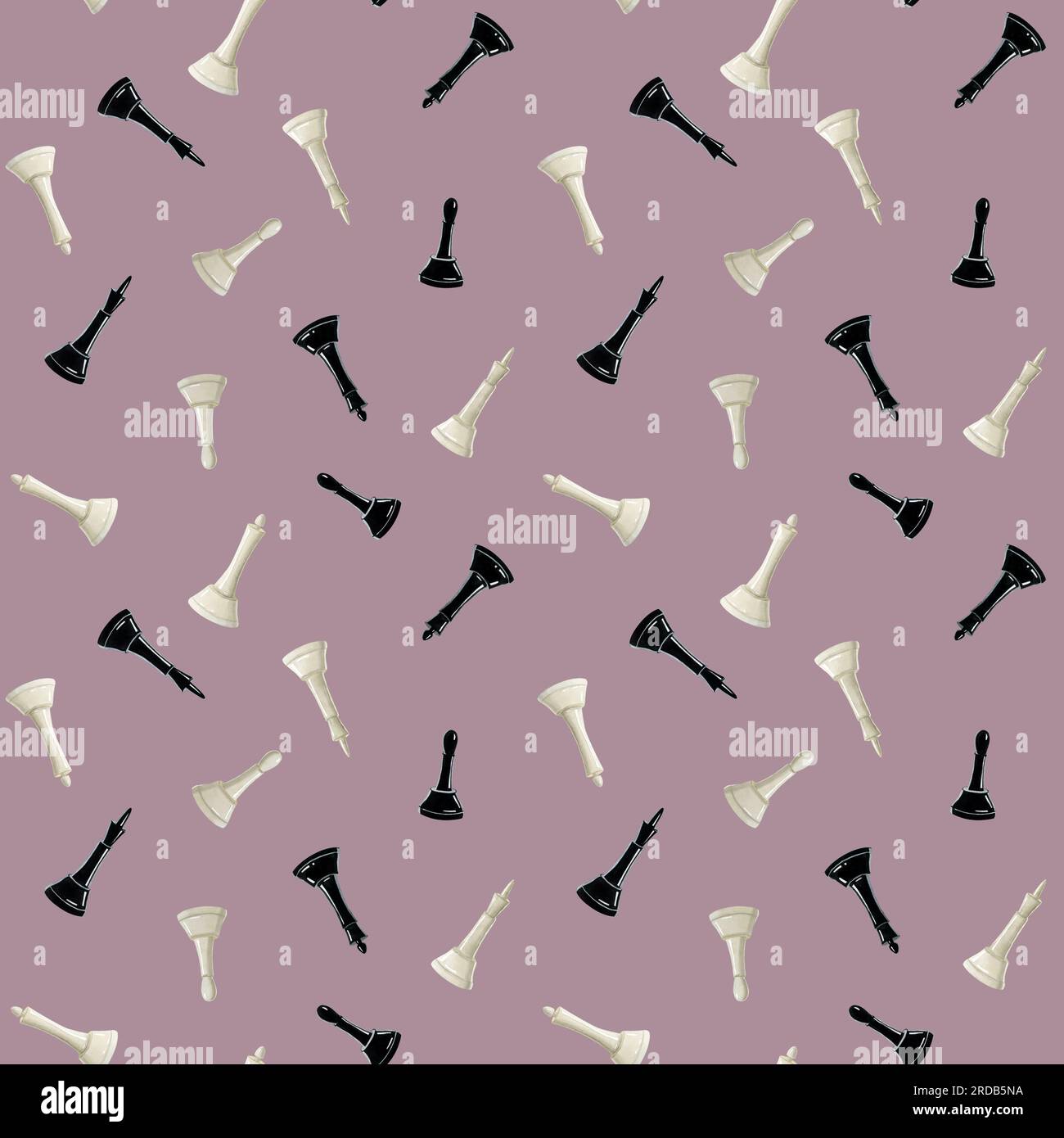 Dust pink watercolor black and white chess pieces seamless pattern with ...
