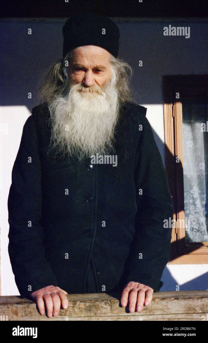 Petru Voda Monastery, Neamt County, Romania, 1999. Portrait of Father Iustin Parvu, a well known spiritual mentor, persecuted under the communist regime. Stock Photo