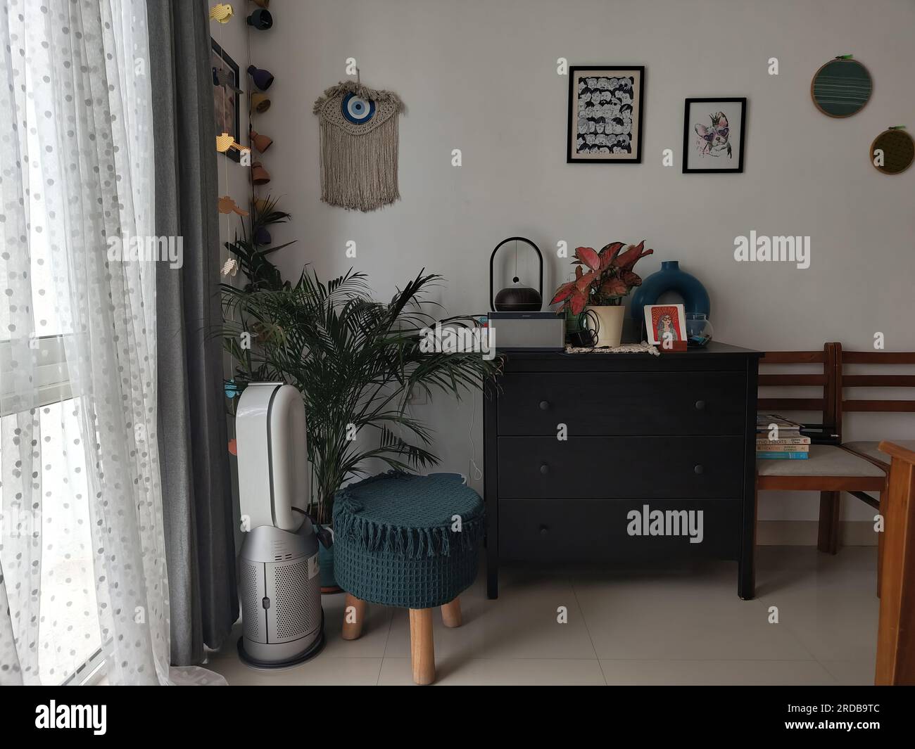 Home Interior with Air Purifier and Indoor Plant in Room Stock Photo
