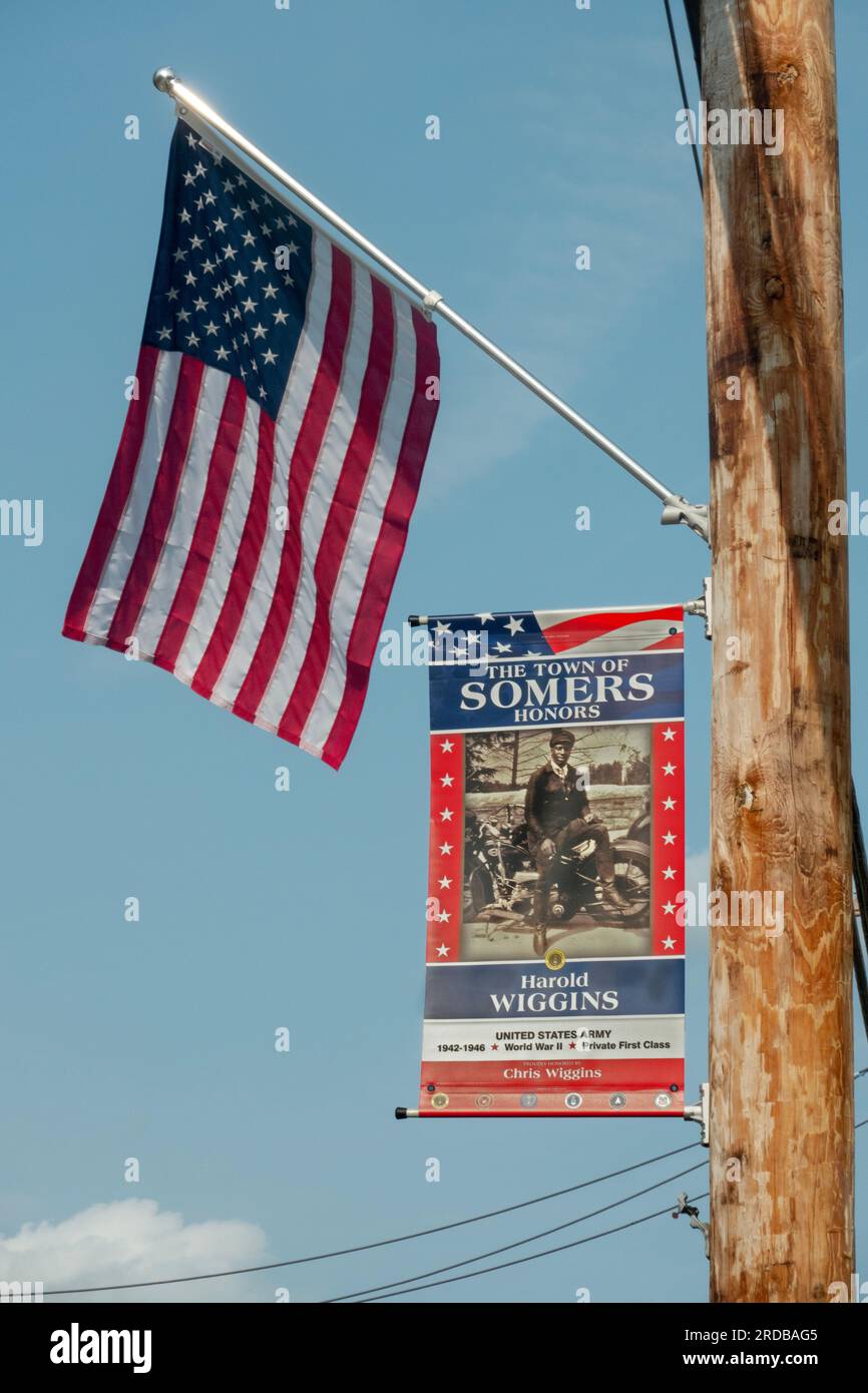 From the 2023 Somers, New York Military Tribute Banner Program a tribute to a local soldier who served in World War II. Stock Photo