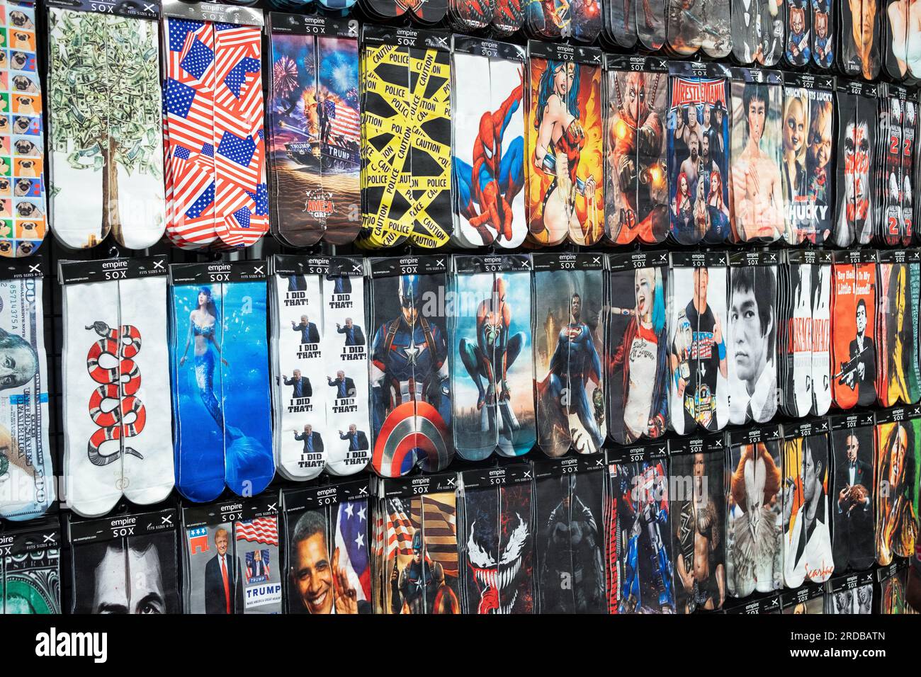 Wildly colorful socks with pop culture themes for sale at Empire Sox in the Danbury Fair Mall in Connecticut. Stock Photo