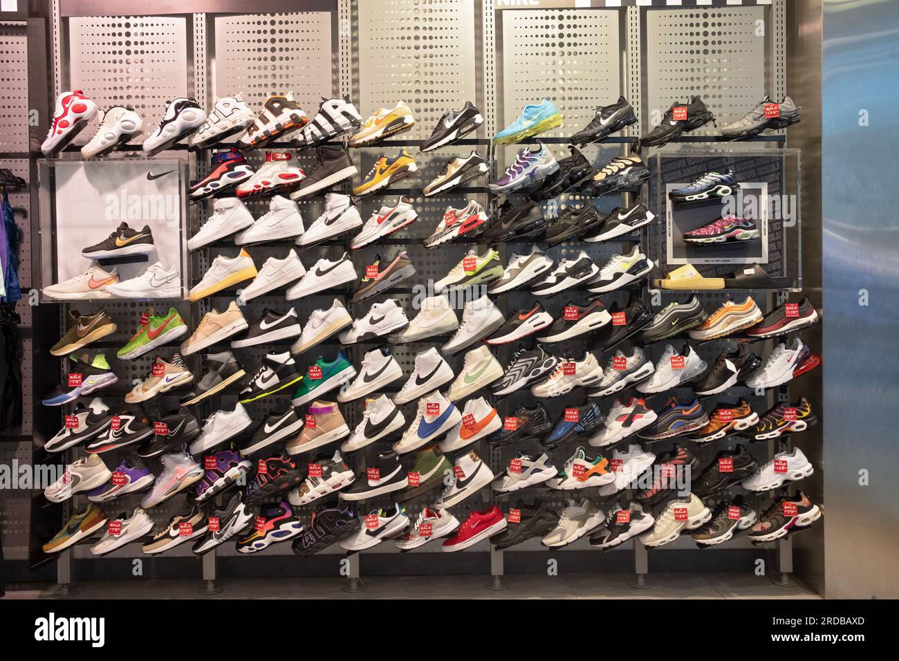 A colorful display of NIKE shoes at Dick's Sporting Goods in the Danbury Fair Mall in Connecticut. Stock Photo