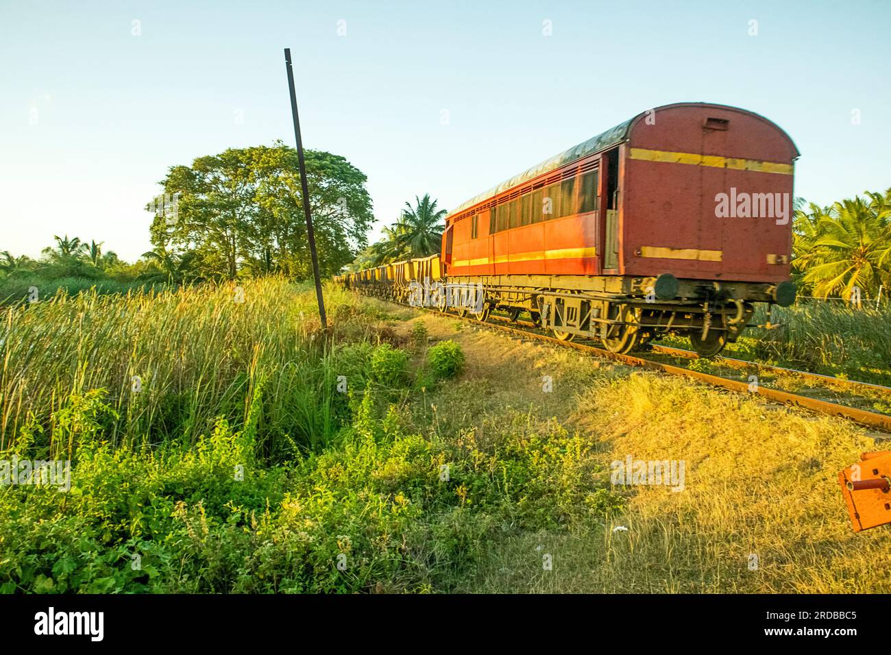 Train in the countryside of Sri Lanka at sunset. The train is on the rails. Vintage style. Stock Photo