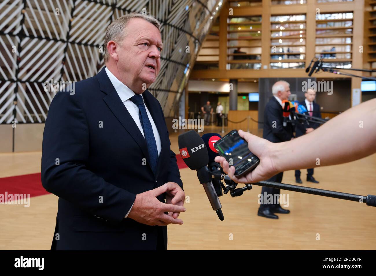 Brussels, Belgium. 20th July, 2023. Lars LOKKE RASMUSSEN, Minister of Foreign Affairs arrives for a meeting of EU Foreign Affairs Council (FAC) at the EU headquarters in Brussels, Belgium on July 20, 2023. Credit: ALEXANDROS MICHAILIDIS/Alamy Live News Stock Photo