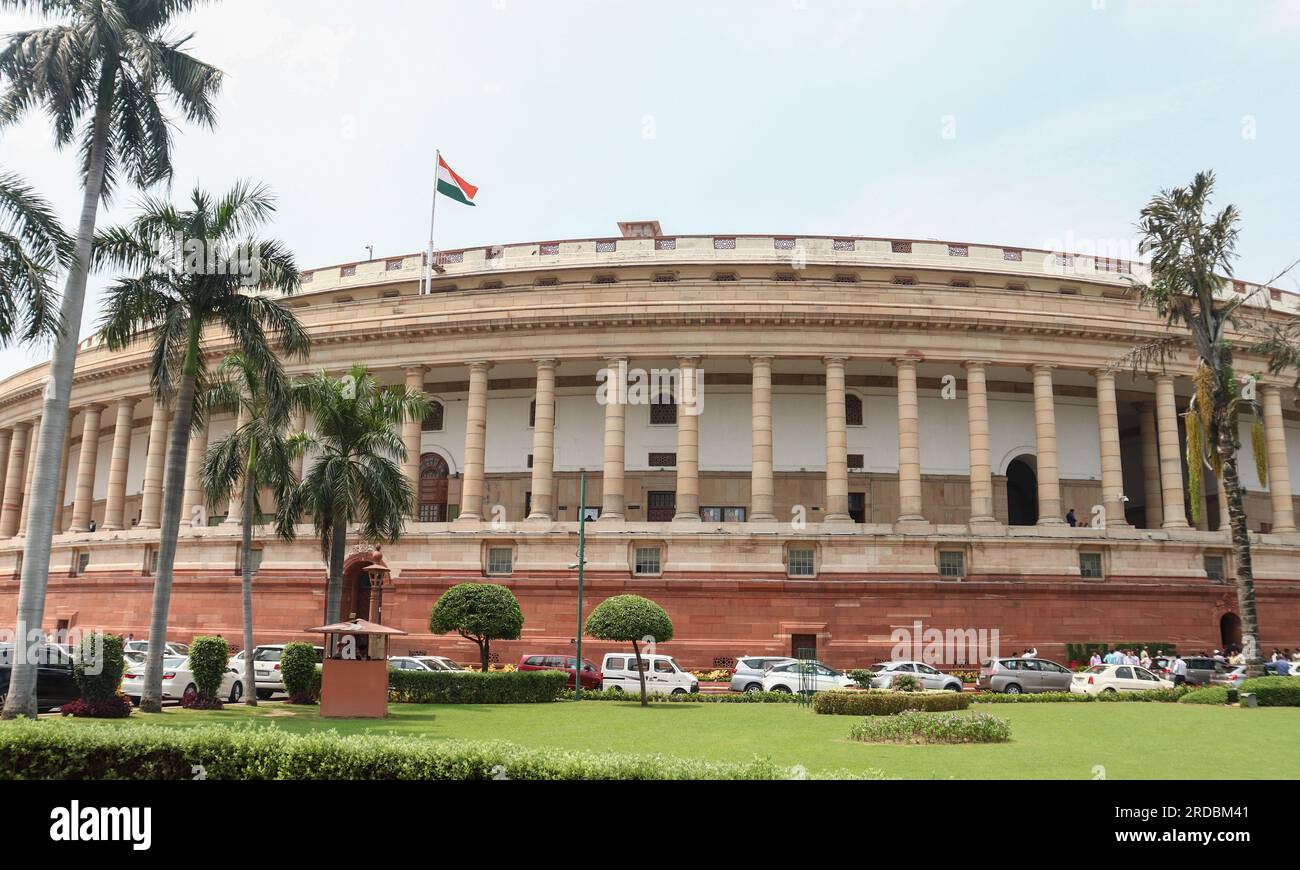 New Delhi, India. 20th July, 2023. General view of Parliament House building during the first day of the monsoon session 2023 of Parliament, in New Delhi. (Photo by Ganesh Chandra/SOPA Images/Sipa USA) Credit: Sipa USA/Alamy Live News Stock Photo