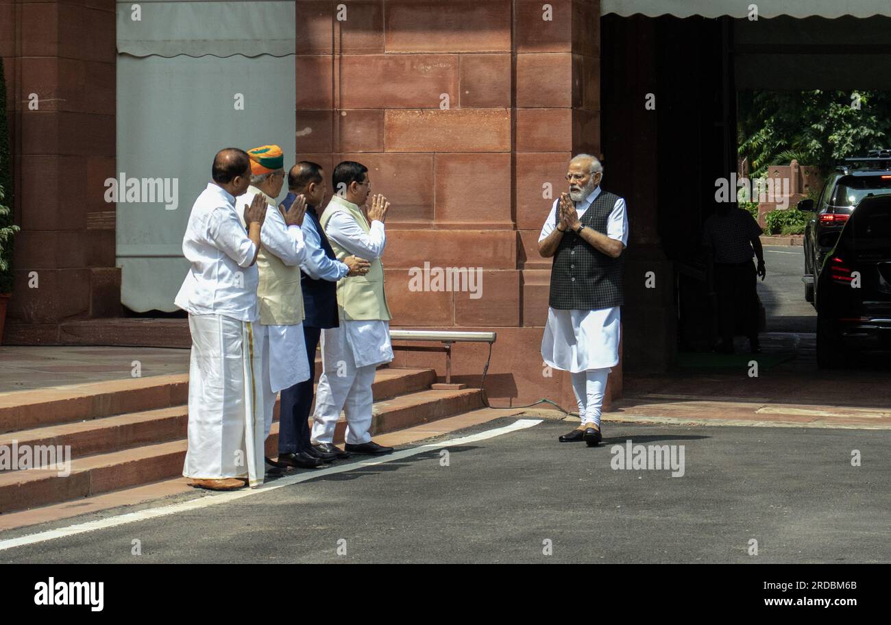 New Delhi, India. 20th July, 2023. Narendra Modi, India's Prime Minister, greets the media ahead of the monsoon session 2023 of Parliament in New Delhi. (Photo by Ganesh Chandra/SOPA Images/Sipa USA) Credit: Sipa USA/Alamy Live News Stock Photo