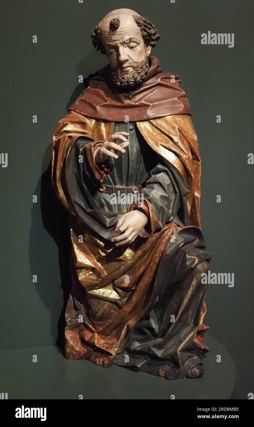St. Joseph.  Shrine sculptur from the former high alterpiexe of San Leonardo in Passiria, Swiss stone pine with polycromy and gilding. Circq 1485 - 90 Stock Photo