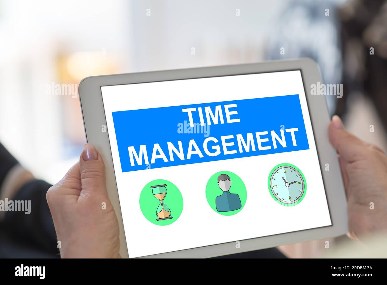 Tablet screen displaying a time management concept Stock Photo