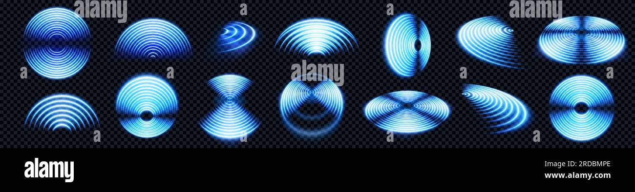 Realistic set of blue radio wave signal signs isolated on transparent background. Vector illustration of radial symbol of wifi connection, sound spread, pulse effect, vibration frequency, radar area Stock Vector