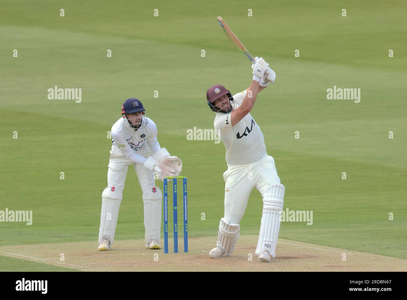 London, UK. 20th July, 2023. Surrey's Jamie Overton batting as Middlesex take on Surrey on day two of the County Championship match at Lords. Credit: David Rowe/Alamy Live News Stock Photo