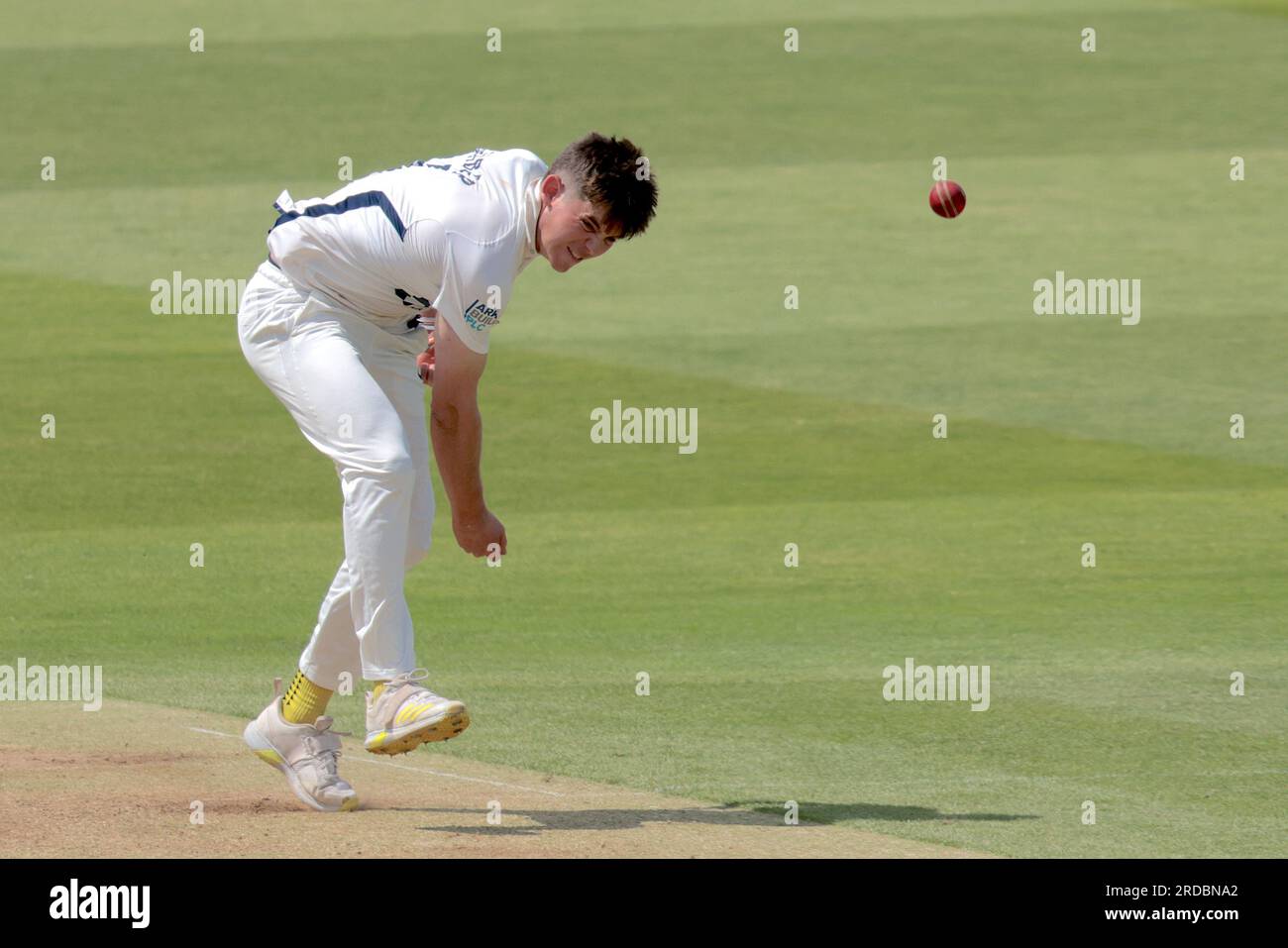 London, UK. 20th July, 2023. Middlesex's Ethan Bamber bowling as Middlesex take on Surrey on day two of the County Championship match at Lords. Credit: David Rowe/Alamy Live News Stock Photo