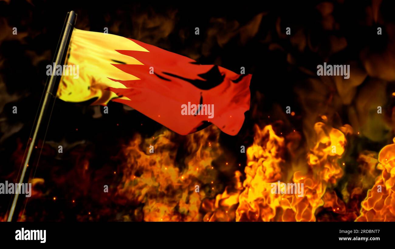 flag of Bahrain on burning fire bg - hard times concept - abstract 3D illustration Stock Photo