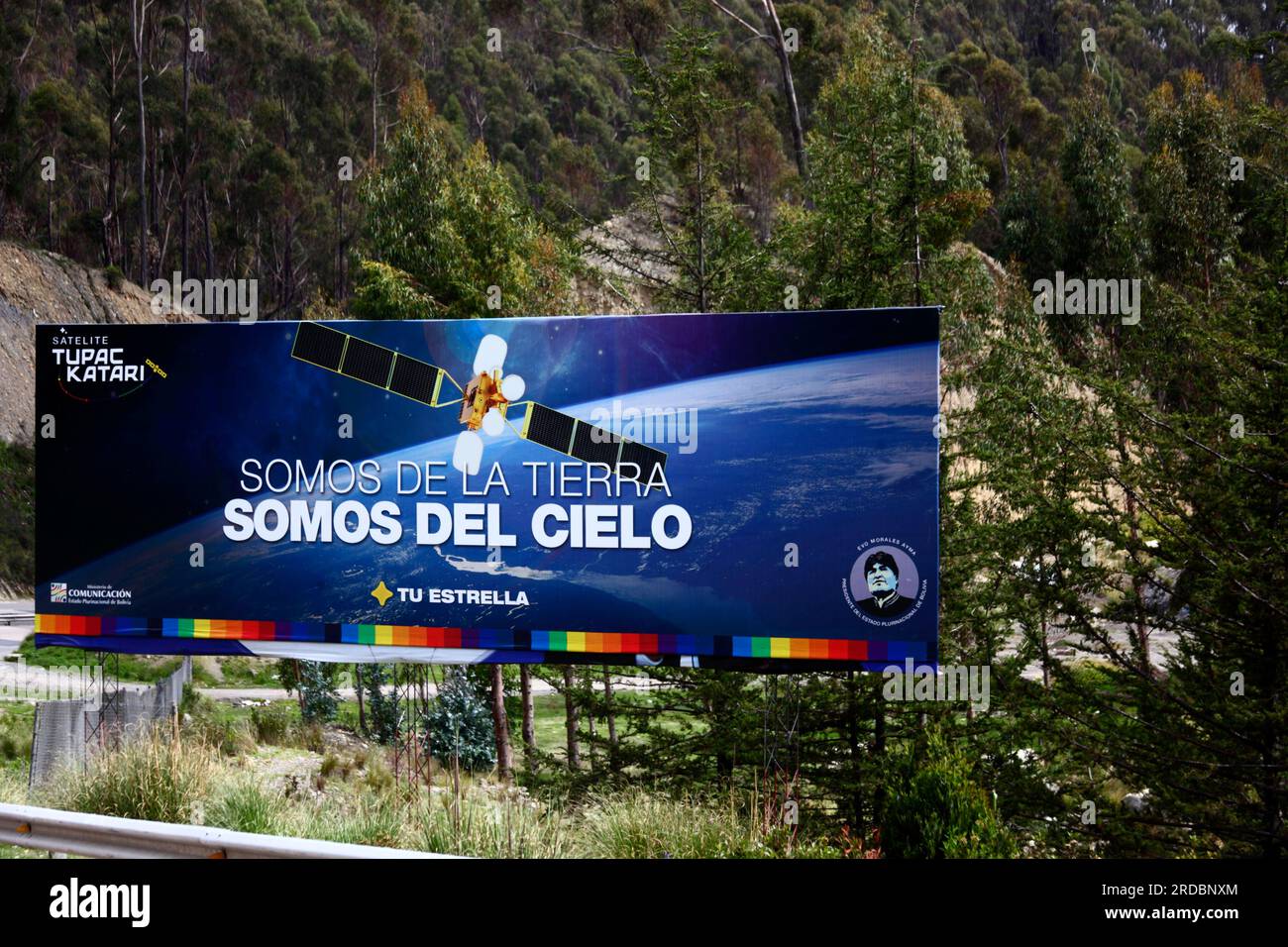 Communications Ministry billboard celebrating launch of the Tupac Katari, Bolivia's first communications satellite, La Paz, Bolivia Stock Photo