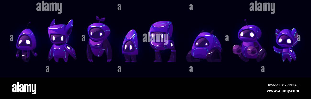 Cute neon dark ai robot bot mascot cartoon vector set. Futuristic purple character evolution with artificial intelligence technology. Smart and creative chatbot android companion for internet service Stock Vector