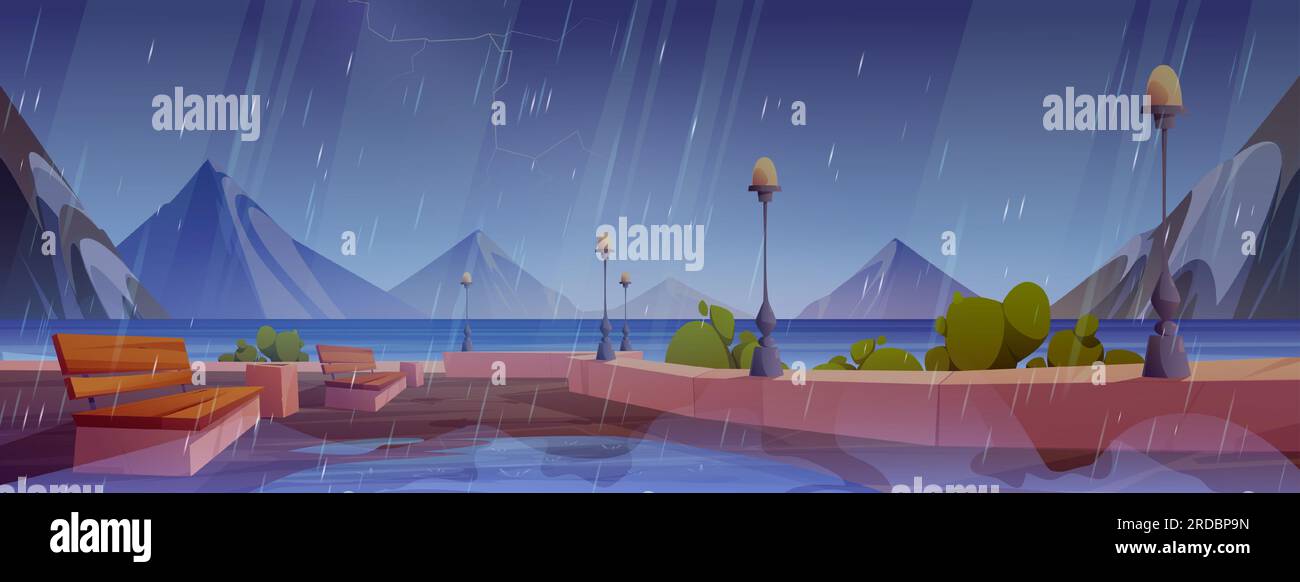 Rainy day on seaside city promenade with mountains on horizon. Vector cartoon illustration of cloudy sky with lightning, water puddles on wet embankment with benches and street lanterns. Resort town Stock Vector