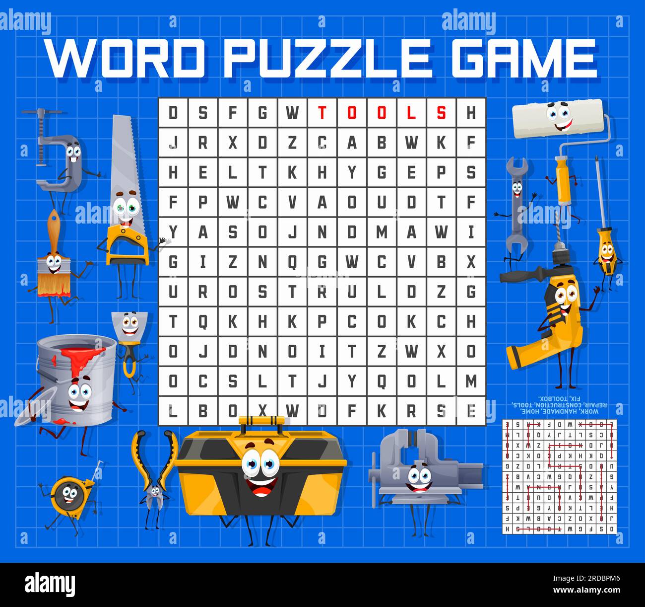 Word search puzzle game, cartoon repair, DIY and work tool characters