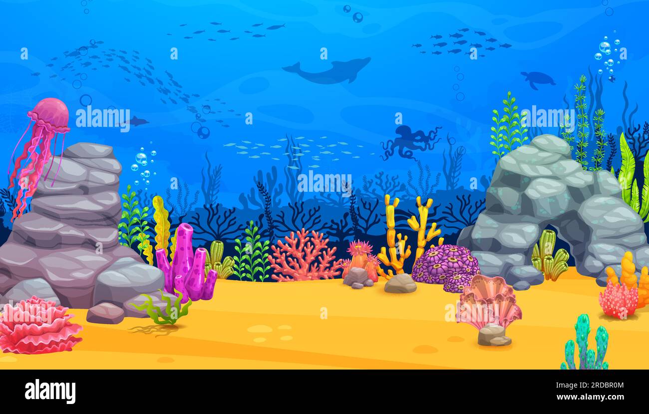 Cartoon underwater landscape with fish shoal silhouettes and seaweeds ...
