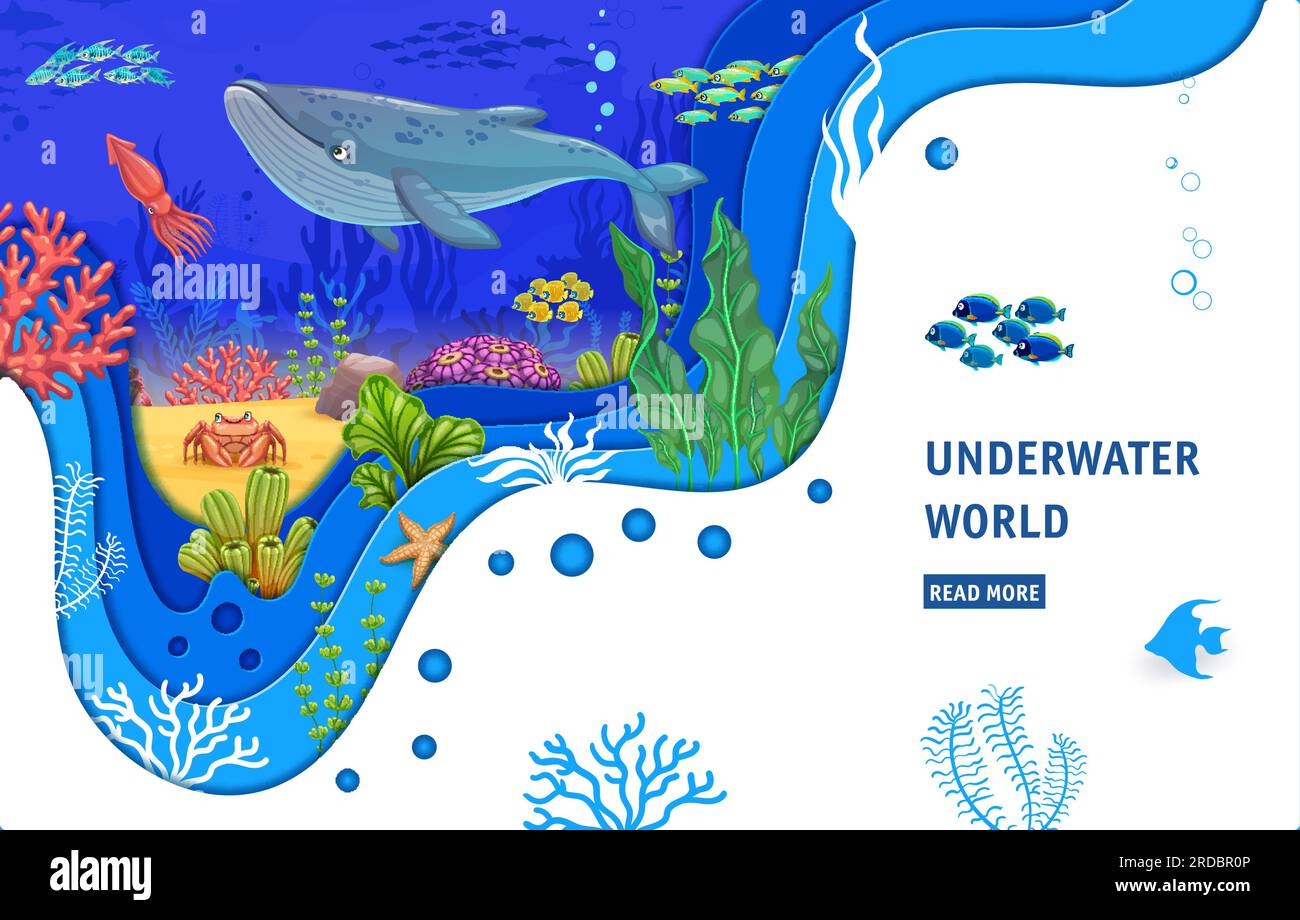 Landing page, cartoon whale, fish shoal and sea paper cut landscape ...