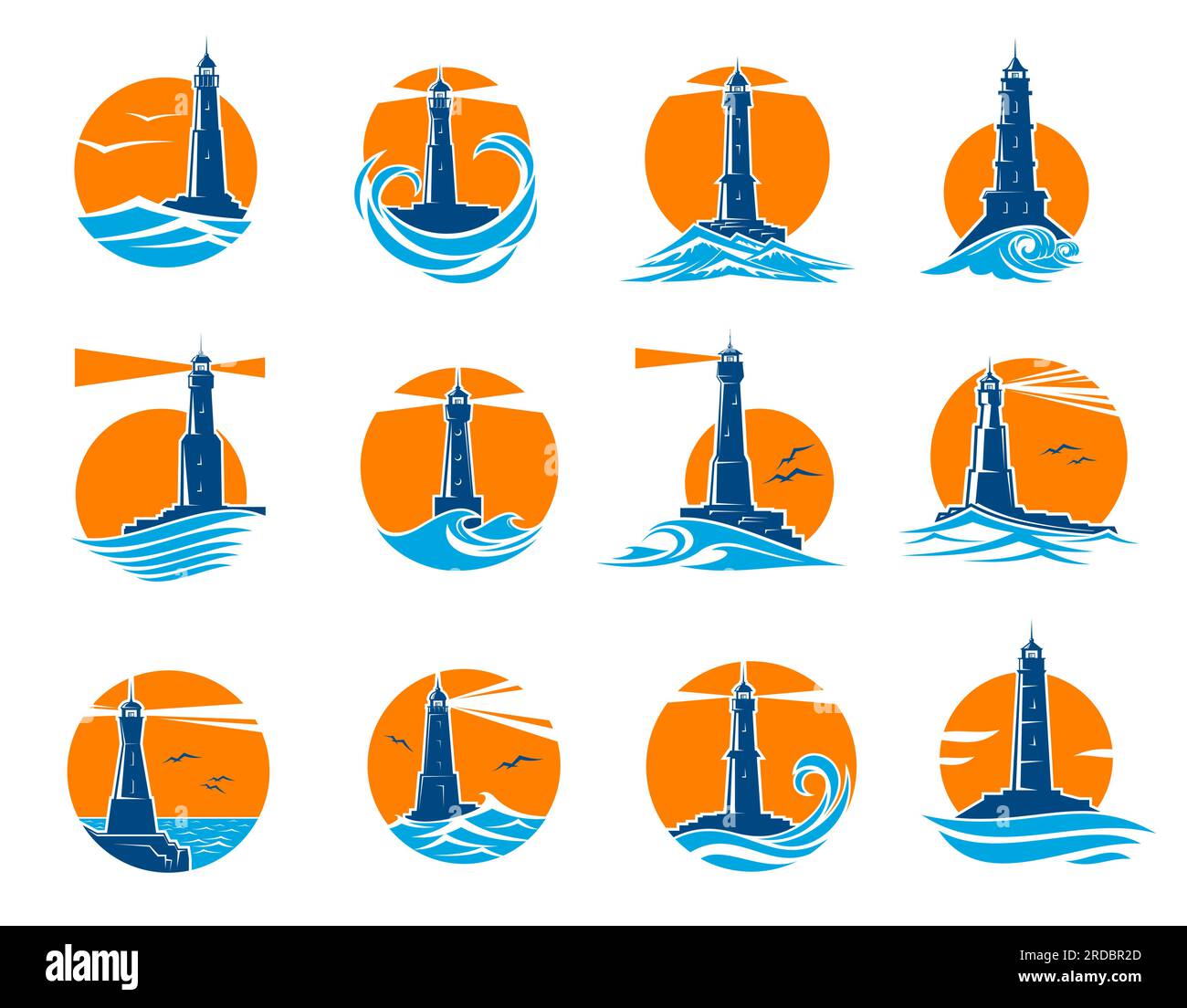 Lighthouse and beacon vector icons. Sea light house tower silhouettes with ocean coastal waves, marine shore rocks, seagulls and searchlight beams on sunset background, nautical navigation buildings Stock Vector