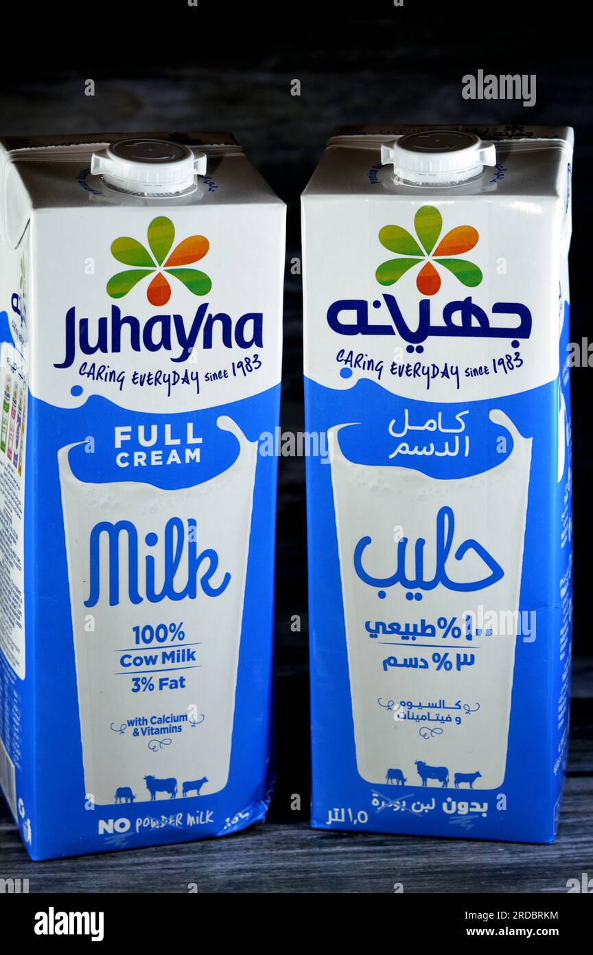 Cairo, Egypt, June 18 2023 Juhayna full cream fresh cow's milk carton