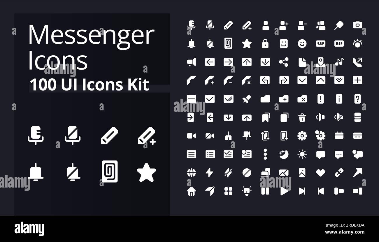 Messenger application white glyph ui icons kit for dark mode Stock Vector