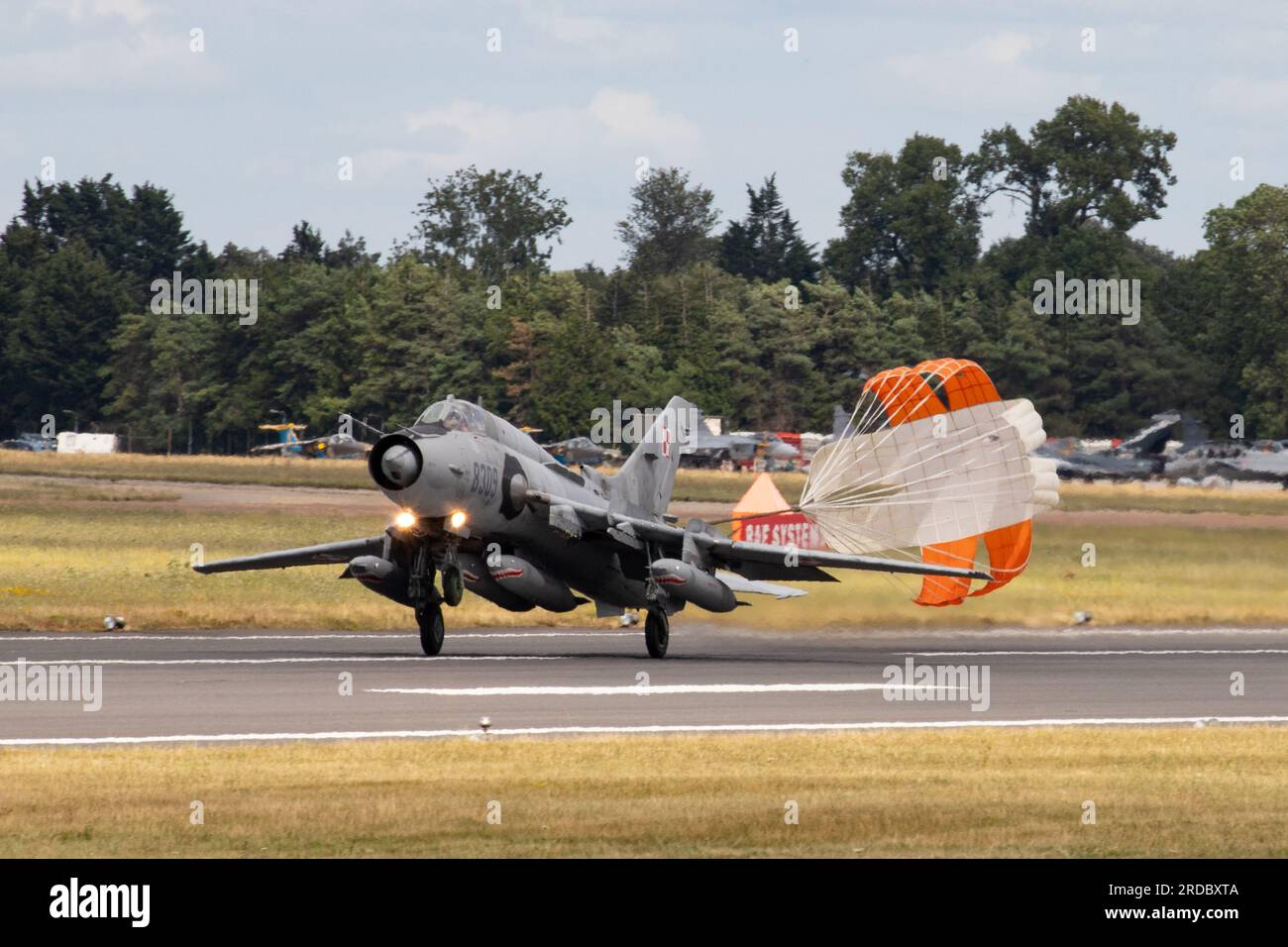 Polish Air Force Su-22 Fitter landing with the help of a chute at the  Royal International Air Tattoo 2023. Stock Photo