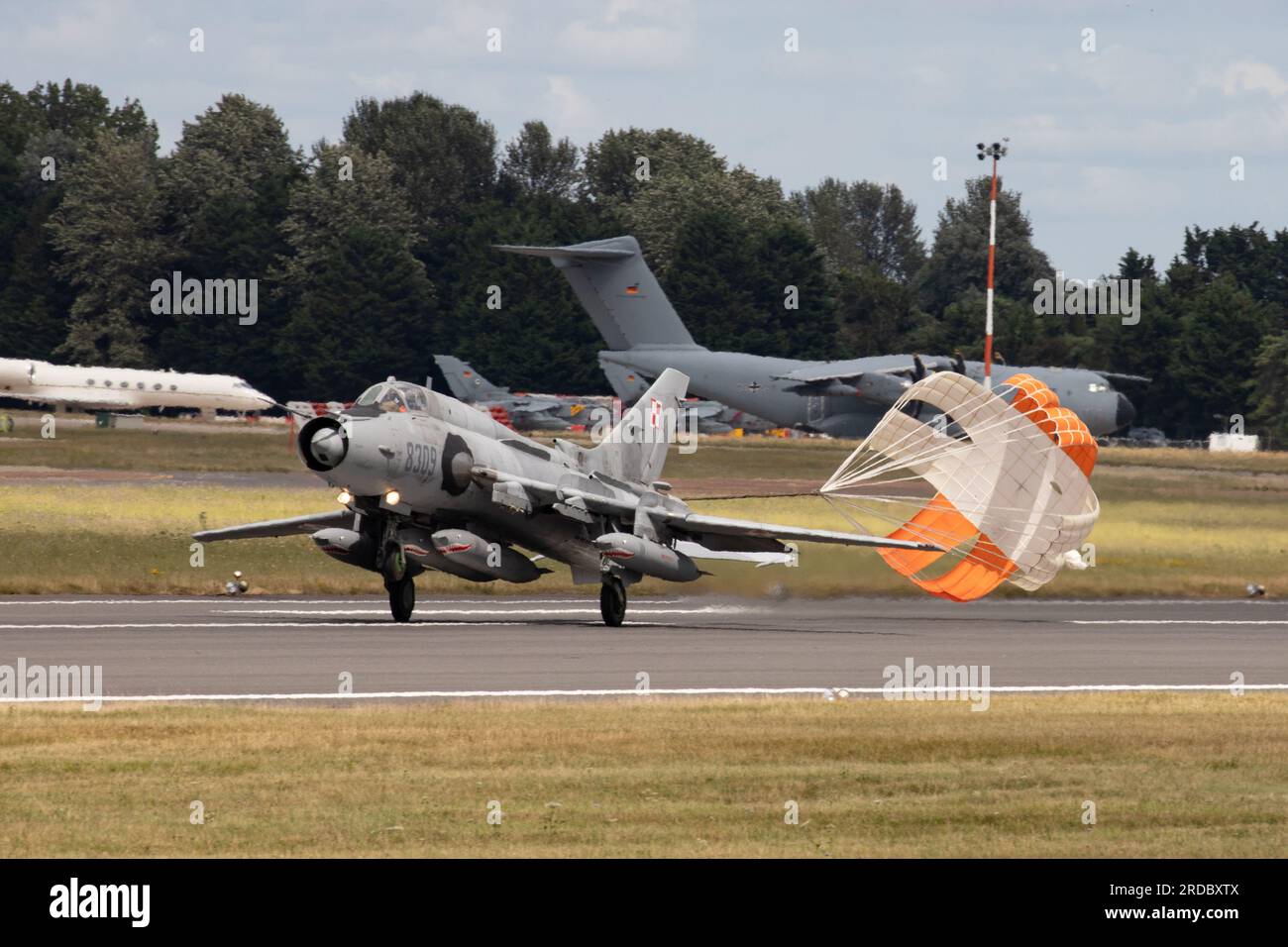 Polish Air Force Su-22 Fitter landing with the help of a chute at the  Royal International Air Tattoo 2023. Stock Photo