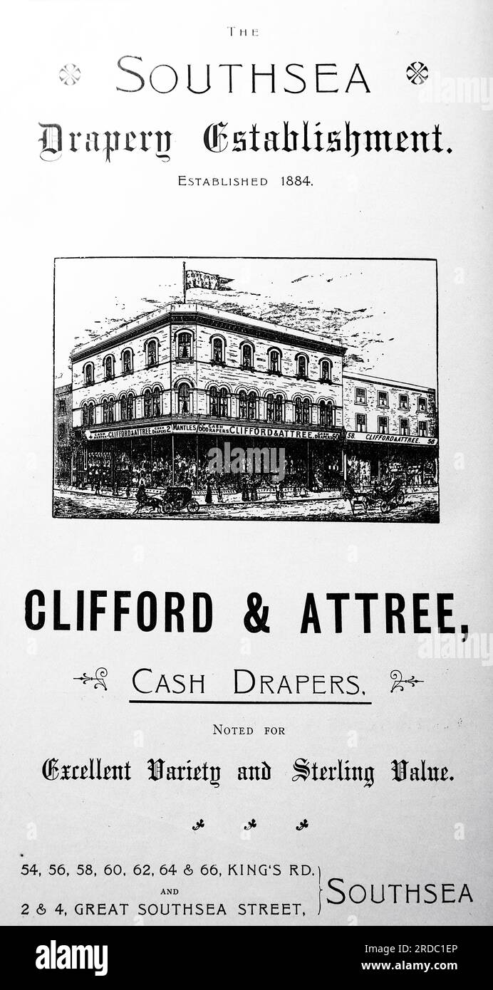 Advert for Clifford and Attree of 54-66 Kings Road and 2-4 Great Southsea Street, both in Southsea. Drapery establishment. From a collection of printed advertisements and photographs dated 1908 relating to the Southsea and Portsmouth areas of Hampshire, England. Some of the originals were little more than snapshot size and the quality was variable. Stock Photo