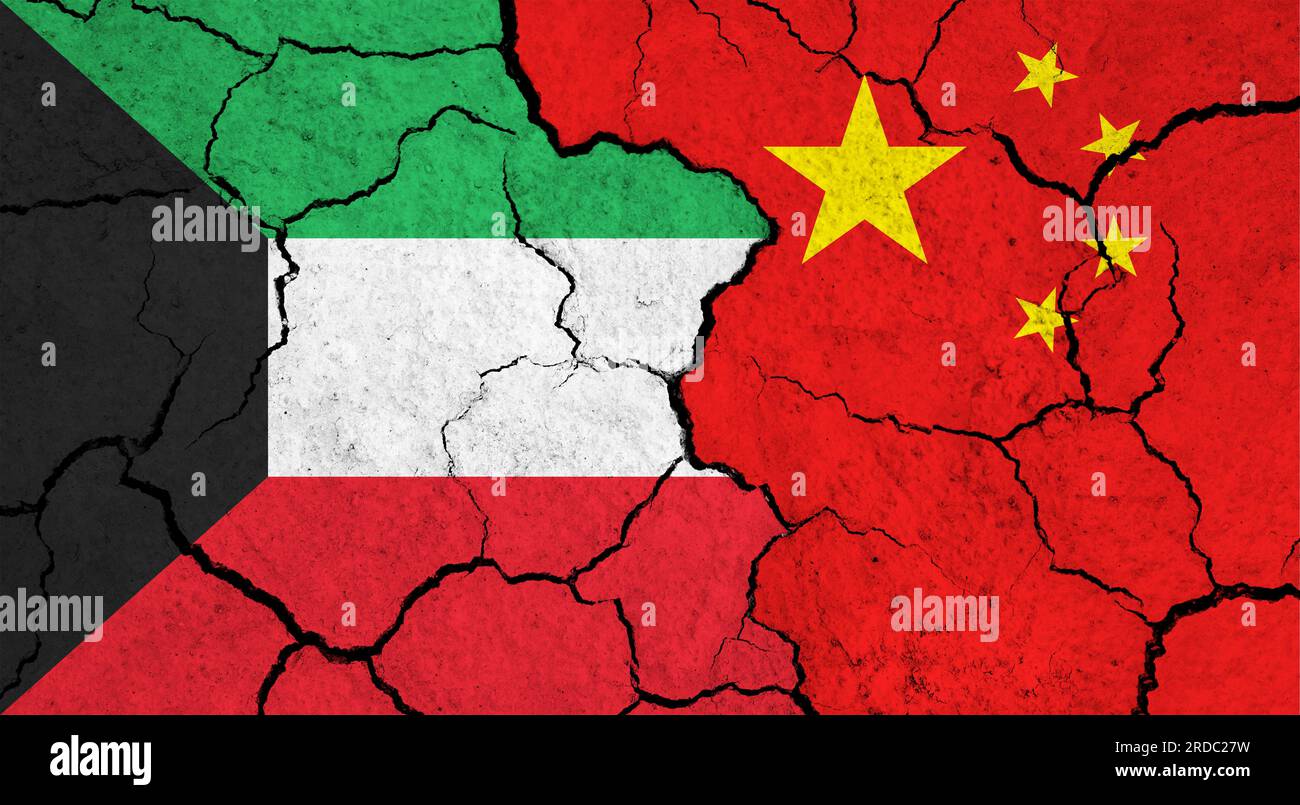 Flags of Kuwait and China on cracked surface politics, relationship