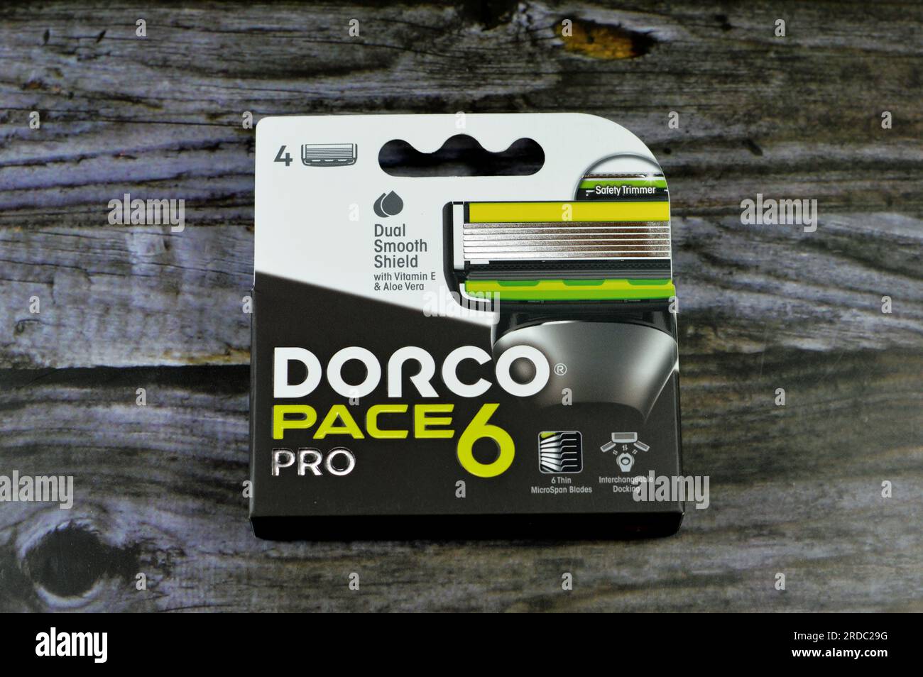 Cairo, Egypt, July 5 2023: Dorco Pace 6 Pro for shaving comes with ...